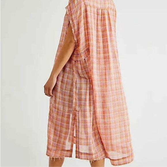 NWT Free People Isabelle Plaid Maxi Shirt Dress Duster pink/orange L - Picture 2 of 5